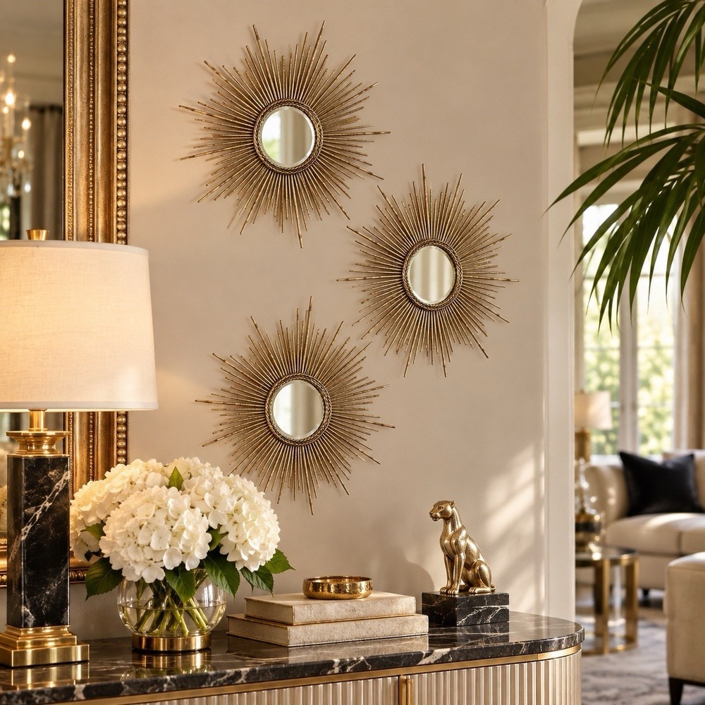 Pier 1 Set of 3 Gold Sunburst Wall Mirrors Starburst Metal 15" Hollywood Glam